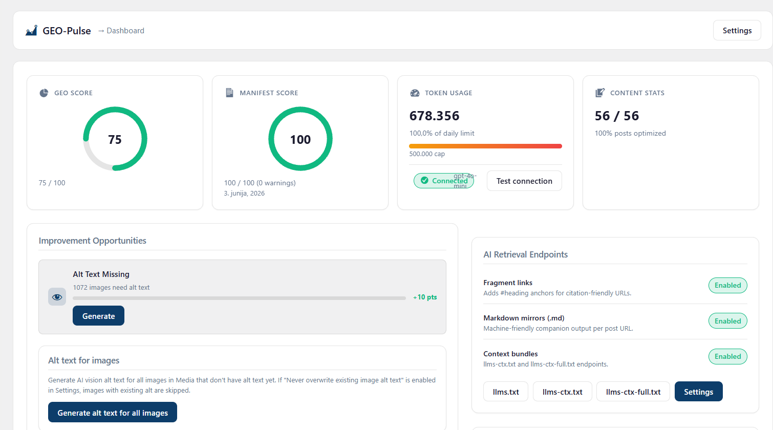 GEO-Pulse dashboard po GEO optimizaciji MN STEKLO